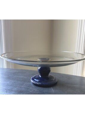 Anchor Hocking Glass Cake Pedestal Serving Plate Stand Cobalt Blue Glossy VTG